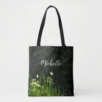 White flowers green name script tote bag