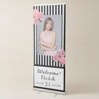 21st birthday black white stripes flowers photo retractable banner