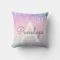 Rainbow Glitter Dripping Glam With Monogram Throw Pillow