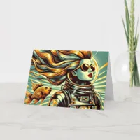 Retro female astronaut and fish All Occasion Card