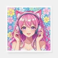Pretty Pink Anime Girl's Birthday Party Napkins