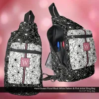 Hand Drawn Floral Black White Pattern with Initial Sling Bag