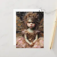 A funny grumpy fairy in pink postcard