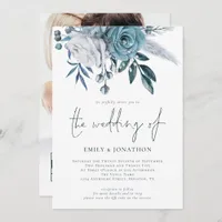 Dusty Blue Florals Photo QR Code Wedding Invitation