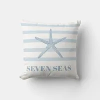 Light blue starfish stripes text coastal outdoor pillow