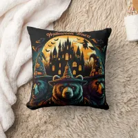 Bears celebrate Halloween under a spooky sky Throw Pillow