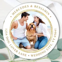 Custom Photo Elegant Wedding Gold Return Address Classic Round Sticker