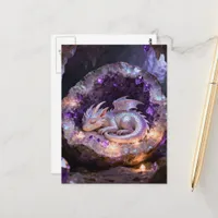  beautiful baby dragon asleep in a amethyst geode postcard