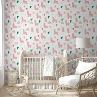 Boho Pink Llama & Rainbows Baby Girl Nursery Wallpaper