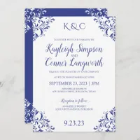 Elegant Vintage Royal Blue Wedding Invitations