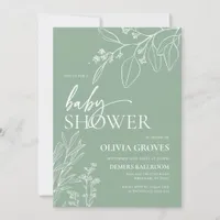  Sage Green Baby Shower Floral Invitation