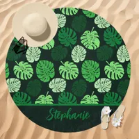 Dark Green Tropical Monstera Custom Name Beach Towel