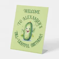 Cute Green Cartoon Pickle Birthday Pedestal Sign