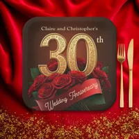 Romantic Red Roses Gold 30th Wedding Anniversary Paper Plates