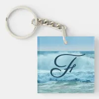 Monogram Ocean Wave Crashing on Shore Keychain