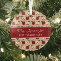 Rustic Red Apple Pattern Teacher Appreciation Glass Ornament