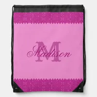 Girly pink glitter zigzag, monogram, custom drawstring bag