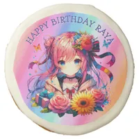 Pretty Rainbow Anime Girl Personalized Birthday  Sugar Cookie