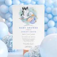 Stork Blue Watercolor Bird Modern Boy Baby Shower Invitation