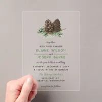 Rustic Watercolor Winter Forest Pine Cone Wedding Acrylic Invitations