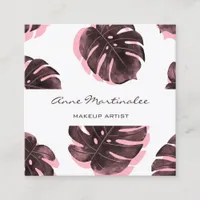 Makeup Artist Pink and Black Monstera Leaf Square Business Card