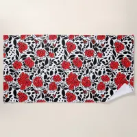 Pretty Floral Pattern in Red, Black and White Beach Towel