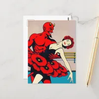 Retro Art Devil With Dancer in a Red Poppy Dress Postcard