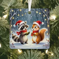Raccoon and Squirrel Hanging Christmas Lights  Metal Ornament