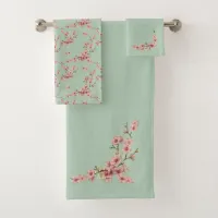 Cherry Blossoms in Pink and Teal Bath Towel Set