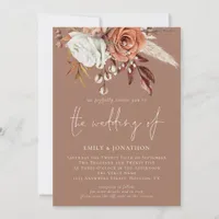 Rustic Terracotta Florals QR Code Brown Wedding Invitation