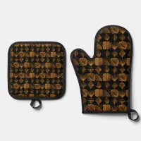 Bold Caribbean Tribal Mudcloth: Black, Gold Oven Mitt & Pot Holder Set