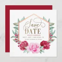 Burgundy Blush Gold Floral Save the Date Announcement