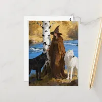A Witch With Her Black and White Wolf Friends Postcard