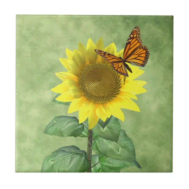 Pretty Yellow Sunflower and Orange Butterfly Ceramic Tile