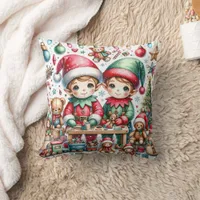 Adorable Elves in Santa's Workshop Christmas Throw Pillow