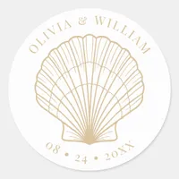 Seashell Beach Coastal Wedding Beige Classic Round Sticker