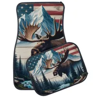 Majestic Moose in Front of Mountains and Flag Car Floor Mat