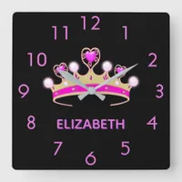Black pink tiara crown princess name square wall clock