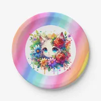 Cute Rainbow Anime Cat Birthday Cake Personalized Paper Plates