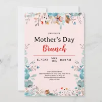 Elegant Blue Wildflowers Pink Mother's Day Brunch Invitation