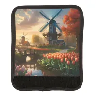 Windmill in Dutch Countryside by River with Tulips Luggage Handle Wrap