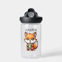 Cute Kawaii Fox with Bubble Tea Personalized Water Bottle