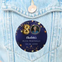 80th birthday navy blue gold stars photo button