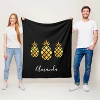 Gold pineapples black name script modern fleece blanket