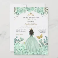 Mint Gold Floral Princess Butterfly Sweet 16 Invitation