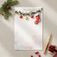 Watercolor Stocking Pine Christmas Letter Stationery