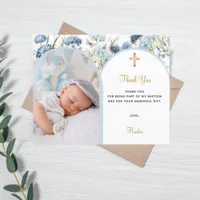 Blue florals photo arch boy Baptism Thank You card