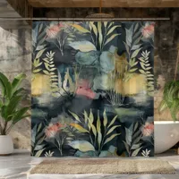 Watercolor Foliage Black Pink Yellow Abstract Shower Curtain