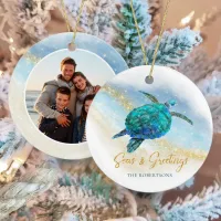 Beach Coastal Sea Turtle Seas and Greetings Photo Ceramic Ornament