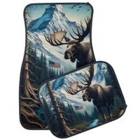 Moose in Mountain Landscape With American Flag Car Floor Mat